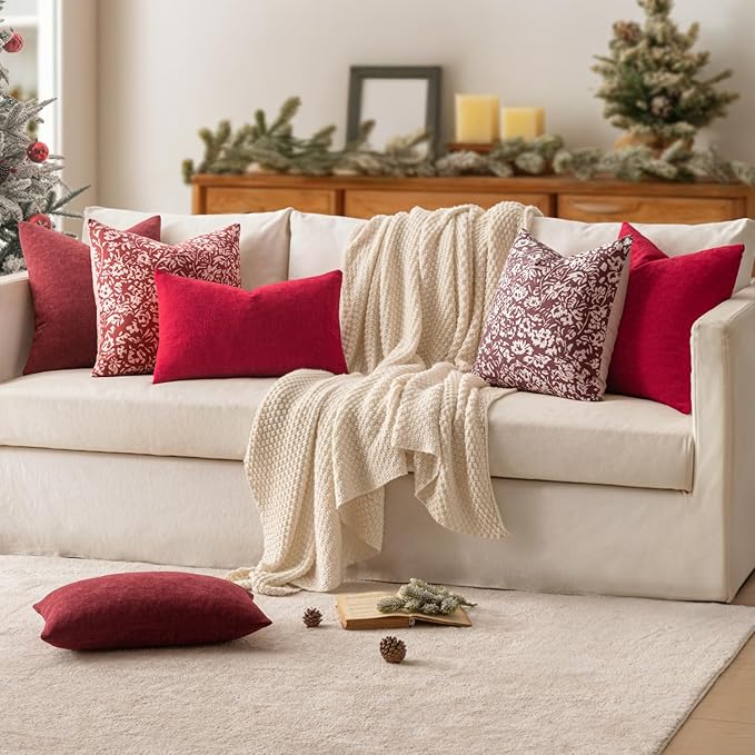 MIULEE Wine Red Couch Pillow Covers 18x18 Inch, Set of 2 Soft Chenille Decorative Square Throw Pillow Covers Christmas Farmhouse for Sofa Living Room Bed