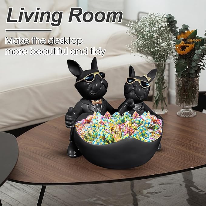 Bulldog Candy Bowl Decor,Heart-shaped Key Holder Bowl Candy Dish, Bulldog Lovers Accessories, Resin Bulldog Statue for Office Desk Home Decor Figurines Entryway Table Decor（Black）