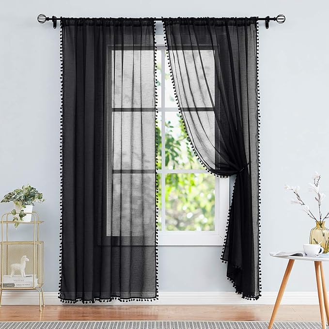 Treatmentex Modern Black Sheer Curtains for Studio 72 inches Long Bedroom Curtain Panels Living Room Bedroom Pom Pom Window Drapes 2-Pack
