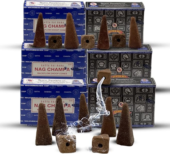 Nag Champa Super Hit Backflow Incense Cones for Waterfall Aromatic Smoke Fountain Haze Falls and Mat Bundle - Pack of 3+3