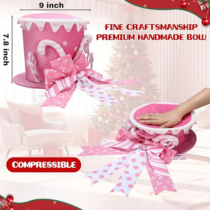 Jenaai Christmas Tree Topper Hat Candy Canes Tree Topper with Striped Bow Ribbon and Lollipop Christmas Decorations Desktop Ornaments Xmas Festive Gift for Home Xmas Holiday Winter Decor (Pink)