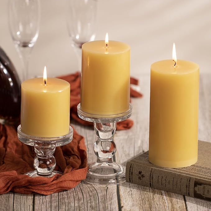 KONNI Mustard Yellow Pillar Candles Set of 3, 3"x 6" Unscented Pillar Candles Bulk, 56 Hours Long Burning Candles, Smokeless&Dripless Large Round Candle for Wedding, Home Decoration, Parties