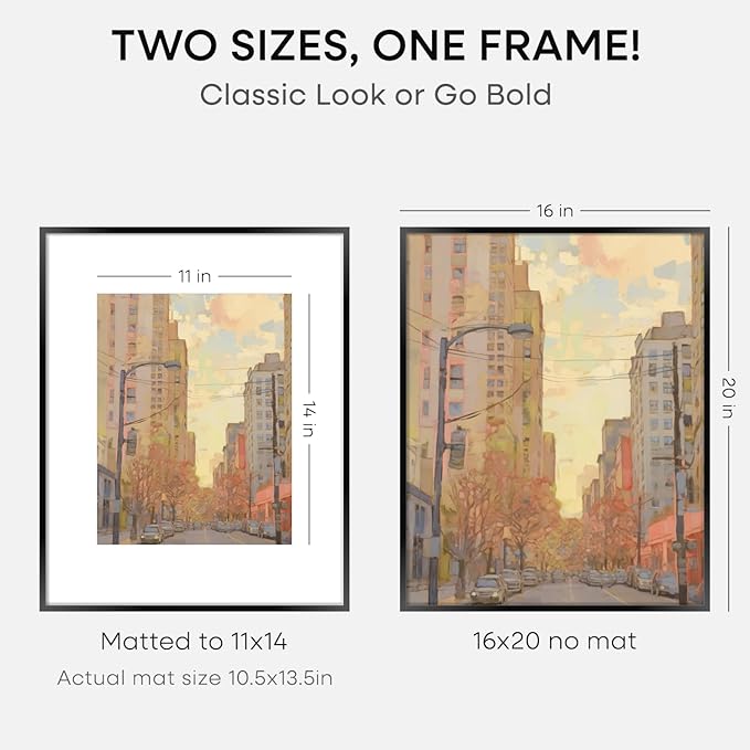 Homeforia 16 x 20 Picture Frame Black, High End Metal 11x14 Matted for 16x20 Frame, 16 x 20 Black Poster Frame with Mat 11 x 14 inch Photo, 20x16 Thin Hanging Frame, Tempered Glass, Wall Kit, Set of 2
