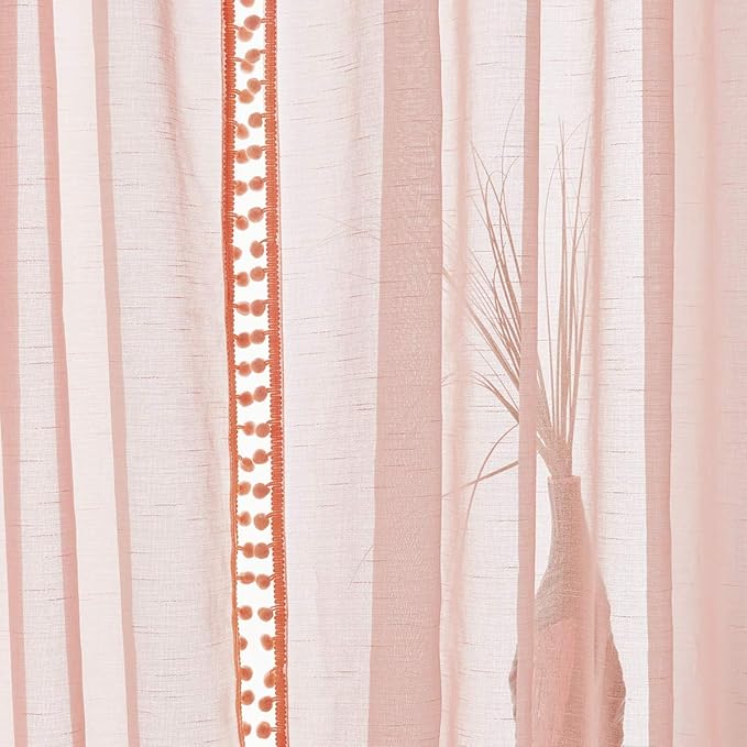 Treatmentex Blush Pink Pompom Sheer Curtains for Bedroom 84" Linen Textured Window Drapes for Living Room Kids Room 2 Panels 52" w