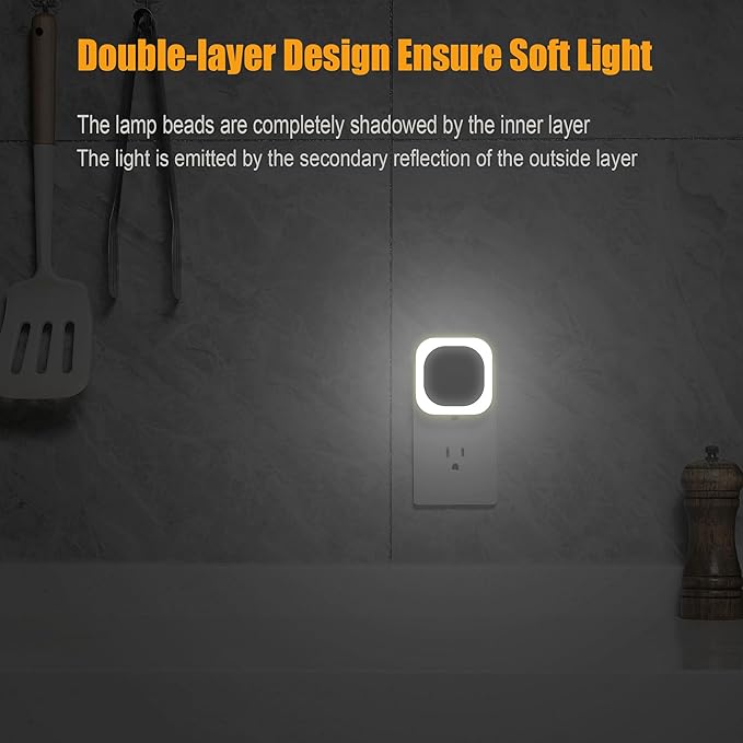 6 Pack Daylight White Night Light, Gentle Eye-Care with Dimmable Wide-Glow & Indirect Reflection, Auto Dusk to Dawn Sensor, Plug in for Kitchen Counter, Garage Workshop, Laundry, Hallway