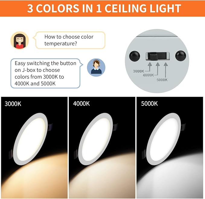 Meconard 4 Pack 4 Inch LED Recessed Ceiling Light with Junction Box, 3000K/4000K/5000K Selectable, 9W=75W 750LM, Dimmable Canless Downlights, ETL and Energy Star Listed