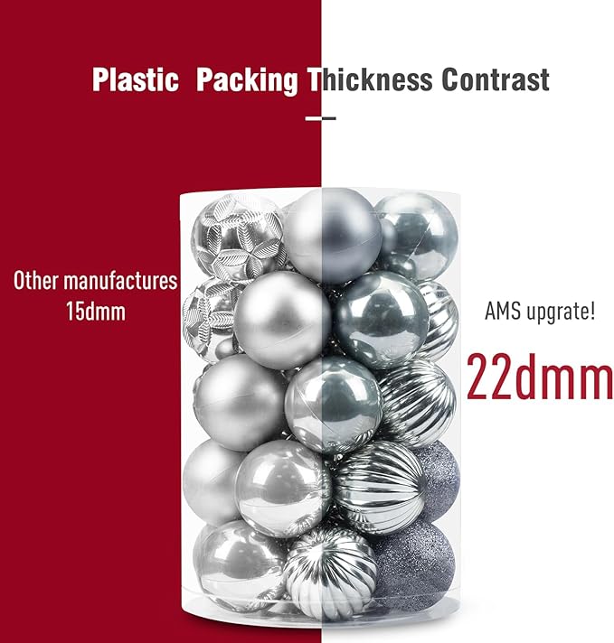 AMS 2.36''/60mm 34ct Christmas Ball Large Ornaments Party Decorations Shatterproof Festival Pendant Hangings for Xmas Tree Decor (60mm, Grey)