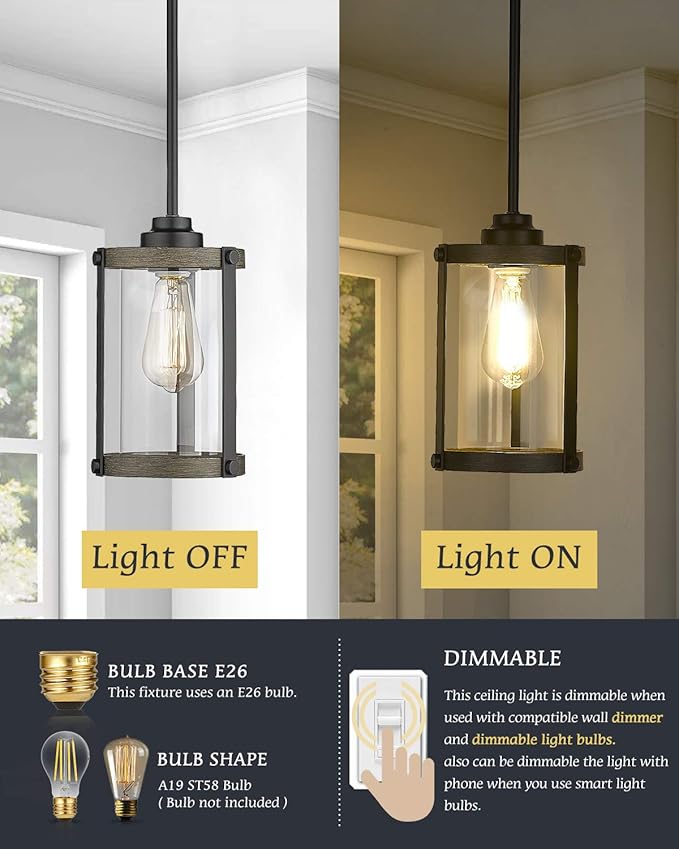 Farmhouse Pendant Light Fixtures, 1-Light Black Glass Pendant Lights for Kitchen Island, Industrial Rustic Mini Hanging Lighting with Rod, Wood Finish, Adjustable Length, OS-3014