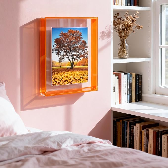 4x6 Acrylic Picture Frame Neon Floating Photo Frame for Wall Mount and Tabletop Decorative in Gallery Home Office, Neon Orange