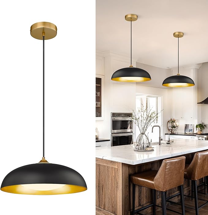 kudos 15 Inch Large LED Pendant Lights, Black and Gold Pendant Light Fixtures, Modern Hanging Lights for Kitchen Island, Dining Room, Living Room, Bedroom, 5CCT Adjustable, KDPL02-BK