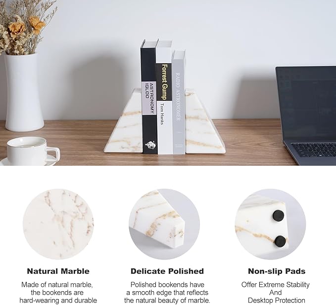 Marble Bookends for Heavy Books, Calacatta Decorative Book Ends for Shelves, Unique and Heavy Bookends for Hardback Book & Cookbooks, Stone Book Stopper, Modern Book Holder,Set of 2