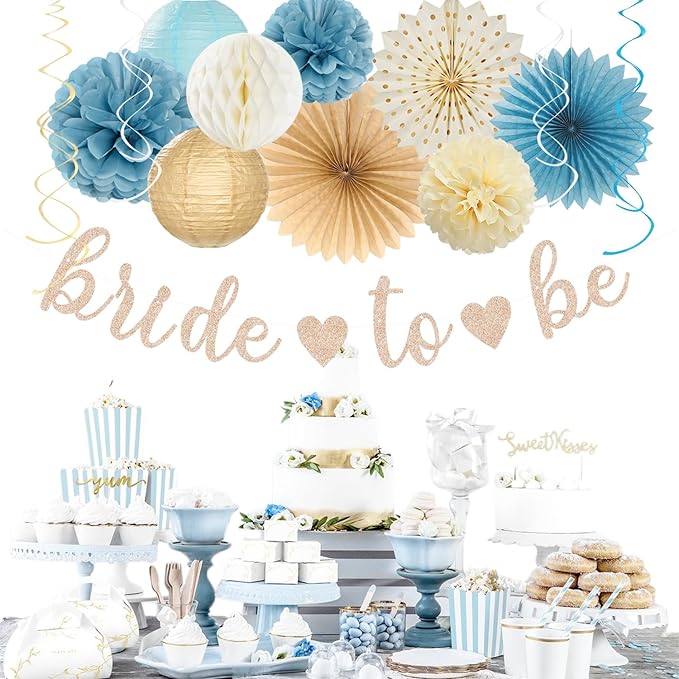 Beige-Champagne-Blue Boho Bachelorette Party-Decorations - 21pcs Women Bridal Shower Banner Garland,Bride To Be Paper Streamers Lanterns,Flower Tissue Pom Poms Fan Favors Wedding Decor Huglony