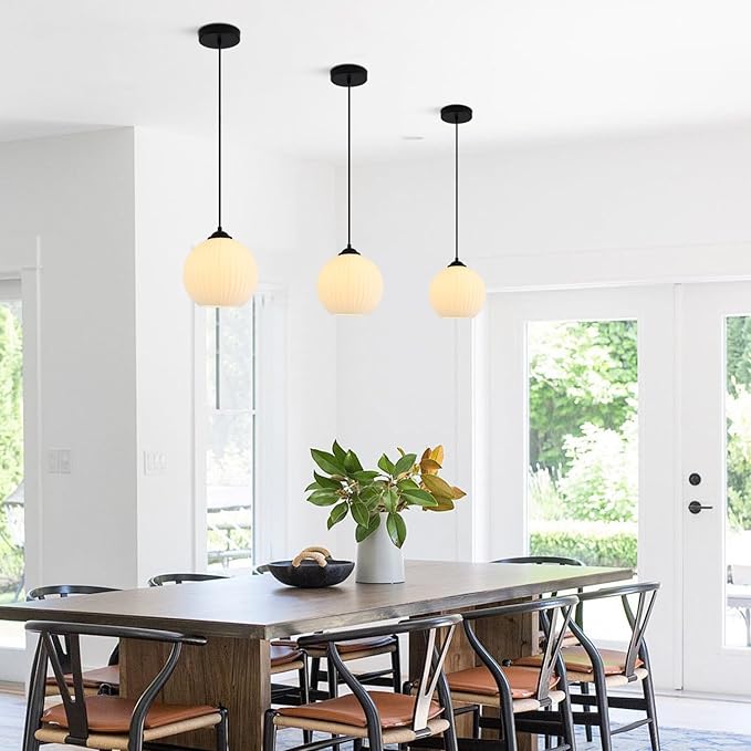 Small Milk Glass Globe Pendant Light Fixtures Black Farmhouse Pendant Lights Kitchen Island Mid Century Modern Hanging Lamp White Ribbed Glass Pendant Light