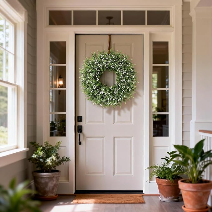 26" Artificial Eucalyptus Wreath with Baby's Breath for Front Door - Faux Eucalyptus Leaves, Fake Spring/Summer Greenery Flowers Wreath for Porch, Farmhouse, Wall, Window Outdoor Decor