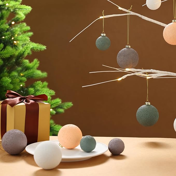Christmas Ornaments Set 12PCS - 2.4 Inch Textured Shatterproof Vintage Neutral Ball Ornaments for Tree Rustic Farmhouse Decor
