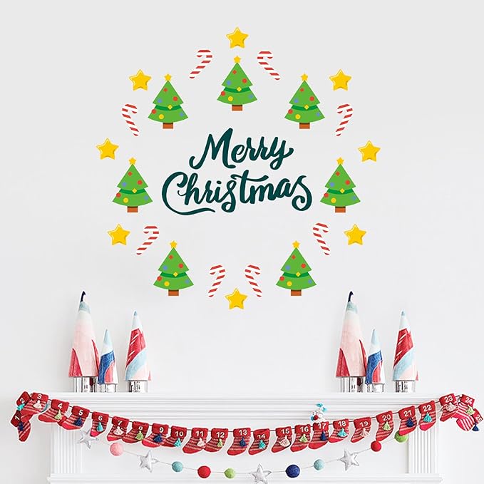 Merry Christmas Wall Decal, Festive Christmas Tree Wall Stickers with Candy Cane and Star Designs for Holiday Decor
