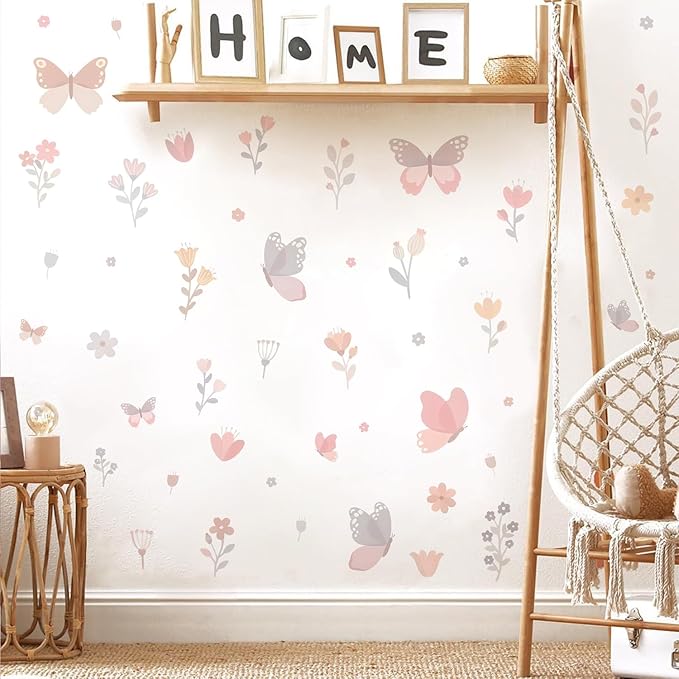 Watercolor Butterfly and Flower Wall Decals Peel and Stick- 53 PCS Removable Wildflower Stickers for Girls Room, Nursery, Bedroom Decor, Easy Peel and Stick Wall Art