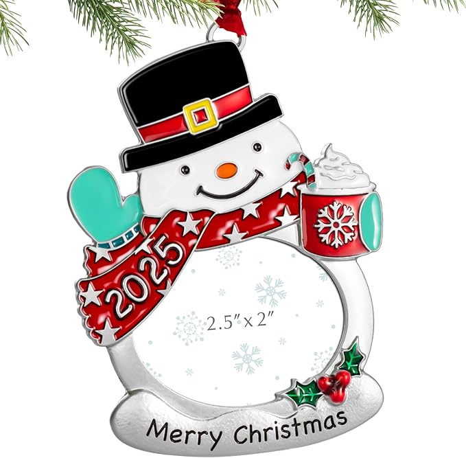 Christmas Tree Ornament - Decorative Hanging 2025 Holiday Keepsake Gift Pendant with 2.5X2 Inch Photo Frame Insert for Picture of Pet(Snow Man)