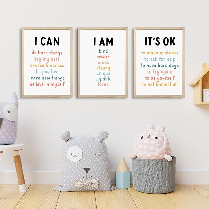 Kids Affirmation Wall Art Positive Canvas Wall Decor Inspirational Quotes Wall Art Motivational Words Pictures Daily Affirmations Poster Nursery Prints for Playroom Children Room 16x24x3 Inch Framed