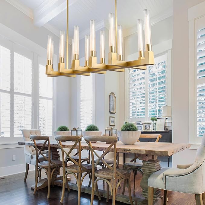 Farmhouse Chandelier with Glass Tube, Gold 12-Lights Modern Chandeliers Over Table 54''Rectangular Luxurious Large Ceiling Pendant Lighting Fixture for Dining Living Room, Foyer
