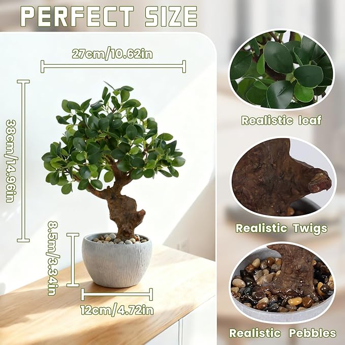 TOARTi Artificial Bonsai Tree Potted Plant with Stone Pot, 15" Tall Fake Potted Faux Plant Desk Decor, Realistic Decorative Plants Indoor Decor for for Home Bedroom Bathroom Office Desk