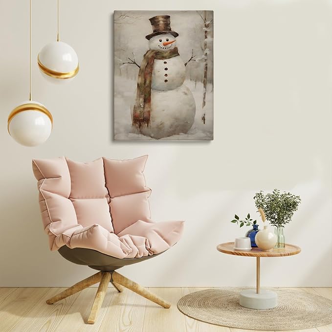 Christmas Snowman Wall Art - Rustic Still Life Painting, Vintage Art Print, Holiday Poster for Living Room Bedroom Decor - 16x24 Inch Unframed