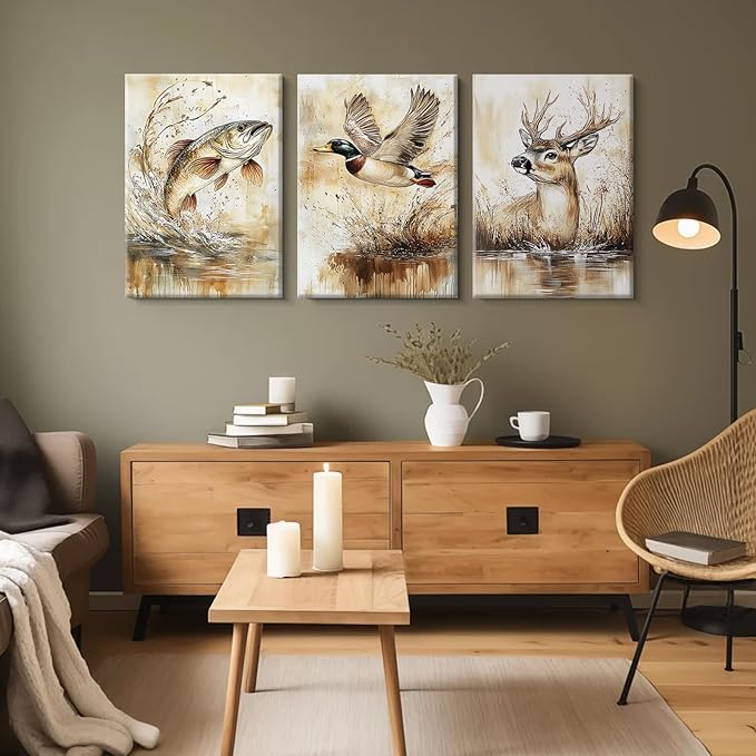 Vintage Animal Wall Art Baby Boy Room Canvas Wall Decor Farmhouse Animal Posters Kids Nursery Hunting Art Prints Rustic Deer Fish Pictures Mallard Duck Painting for Bedroom 16x24x3 Inch Ready to Hang