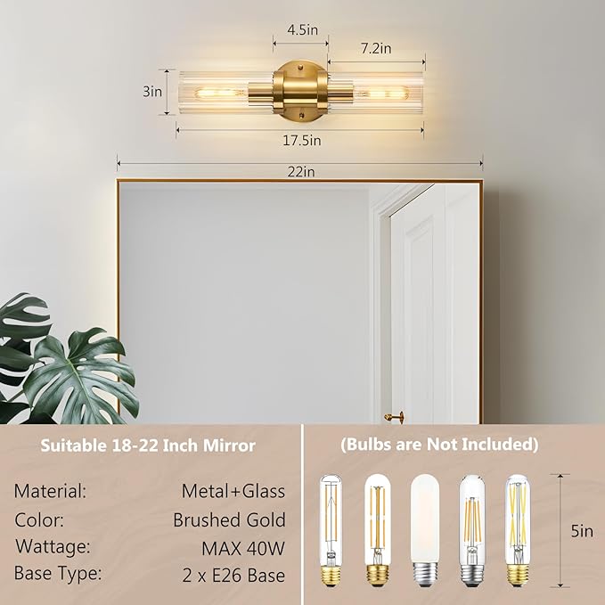 Gold Wall Sconces Set of Two, 18.2 inch Brushed Gold Vanity Light with Stripped Glass Shade, Indoor Wall Lights for Mirror, Bathroom, Kitchen, Living Room（2 Pack）