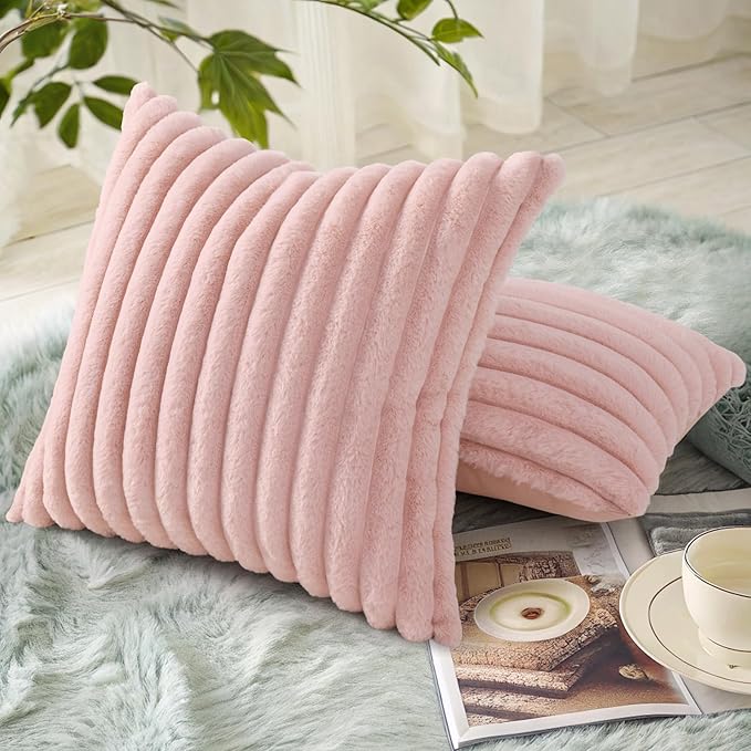 decorUhome Faux Fur Christmas Throw Pillow Covers 22x22 Set of 2, Decorative Soft Plush Striped Neutral Couch Euro Pillow Covers with Velvet Back for Sofa, Bed, Living Room Home Decor, Pink
