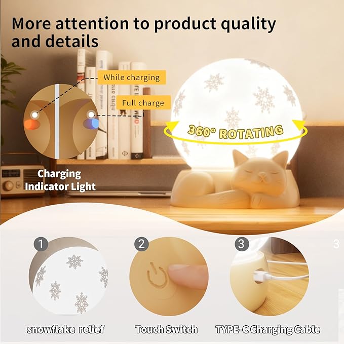 Rotatable Bedside Table Lamp for Bedroom, 3 Color Temperatures Cat Lamp, Touch Control Rechargeable Nightstand Lamp with USB C Charging for Christmas