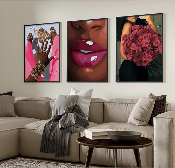 Black Girl Wall Art African Woman Canvas Wall Decor Pink Black Women People Art Fashion Poster African American Girl Pictures Abstract Flower Painting for Bedroom Living Room 12x16x3 Inch Unframed