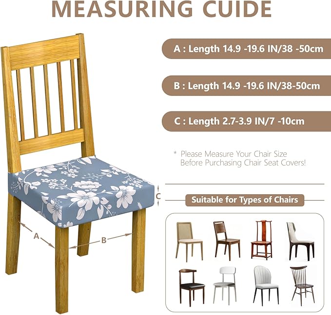 Stretch Dining Chair Seat Covers Set of 4,Dining Chair Slipcovers, Floral Printed Chair Covers,Soft Fabric Washable Upholstered Chair Seat Protector, No Rear Covers for Home Kitchen Dining Room