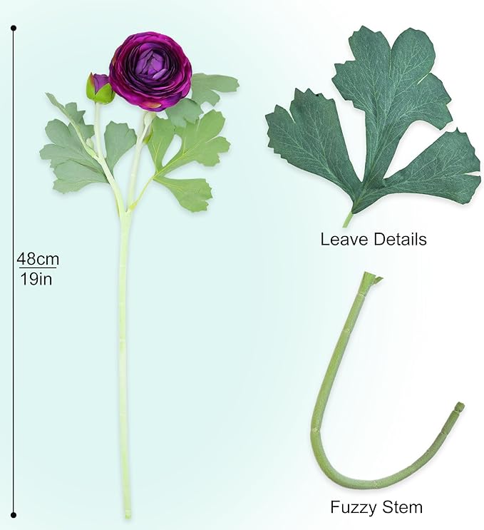 Artificial Ranunculus Flowers with Real Touch Stem, Silk Ranunculus Flowers (Purple, 10pcs)