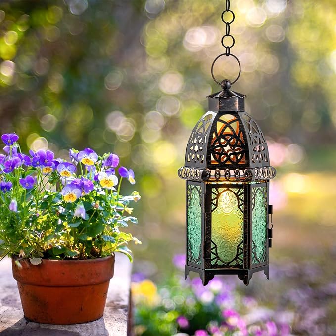 DECORKEY Moroccan Decorations for Home, 12.8’’ Vintage Metal Tabletop Candle Lantern, Spring Style Decorative Hanging Lantern, Christmas Halloween Candle Holders for Indoor Outdoor Patio Decor (Green)