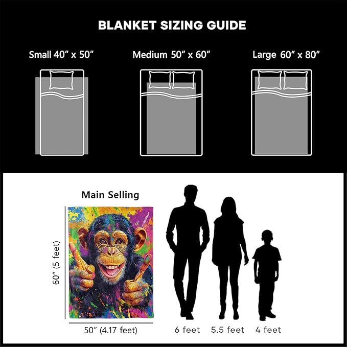 Funky Chimpanzee Blanket, Cozy Plush Chimp Throw Blanket for Couch Bedroom Outdoor, Lightweight Soft Flannel Travel Blankets, Gifts for Women Adults Kids, Warm Decor 60"×80"