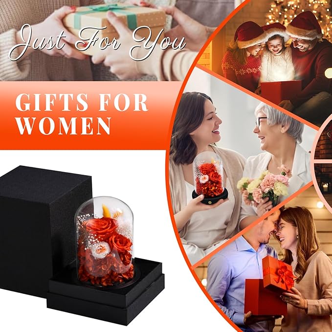 FIACO Preserved Flowers Christmas Rose Gifts for Women, Birthday Gifts Eternal Rose in Glass Dome Long-Lasting Real Forever Flowers Gifts for Mom Grandma Wife Girlfriend