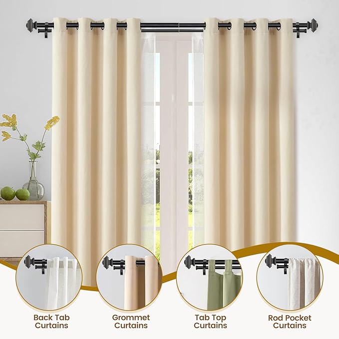 KAMANINA 1 Inch Double Curtain Rod 72 to 144 Inches (6-12 Feet) Telescoping Black Curtain Rods for Windows 69 to 140 Inches, Heavy Duty Drapery Rods with Square Finials