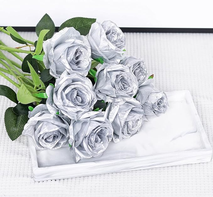 Hawesome 12PCS Artificial Silk Flowers Realistic Roses Bouquet Long Stem for Home Wedding Decoration Party (Silver 1)