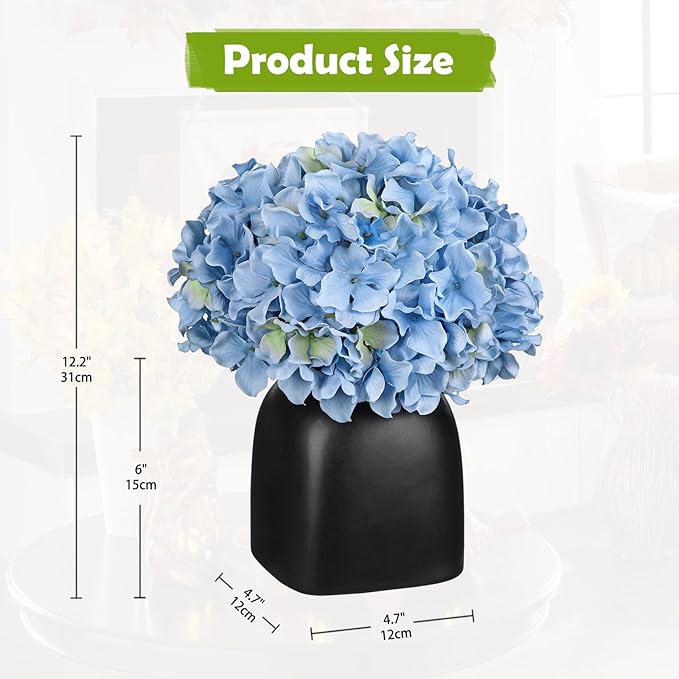 Briful Hydrangea Artificial Flowers Blue Silk Hydrangea Flowers in Deep Black Ceramic Vase Spring Flowers Arrangments Potted Fake Flowers for Home Decor Indoor Farmhouse Table Wedding Centrepiece
