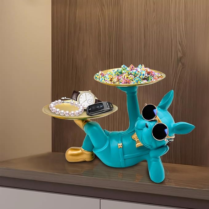 Resin French Bulldog Tray Statue, Lying Bulldog Candy Dish Key Holder Bowl, French Bulldog Accessories, Statues for Office Desk Home Decor Figurines Entryway Table Decor (Blue Green)