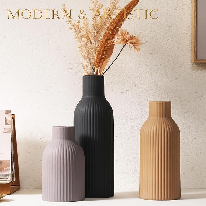 Ceramic Vase Set of 3 - Handcrafted Ceramic Vases for Home Decor & Shelf - Modern Farmhouse Decor for Kitchen, Office, Bedroom & Living Room Decorative Objects for Mantel, Table Centerpieces