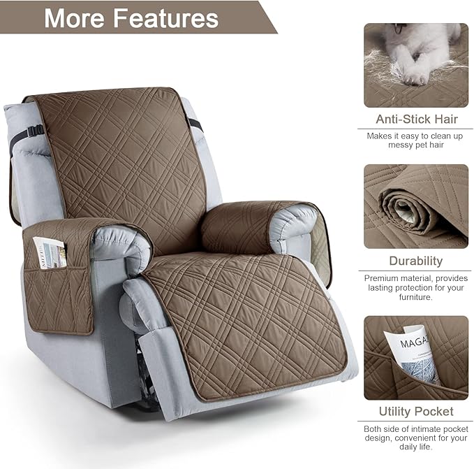 TAOCOCO 100% Waterproof Recliner Chair Covers, Non Slip Recliner Covers for Recliner Chair with Pocket, Washable Reclining Chair Cover Furniture Protector for Kids,Dogs(25'', Taupe)