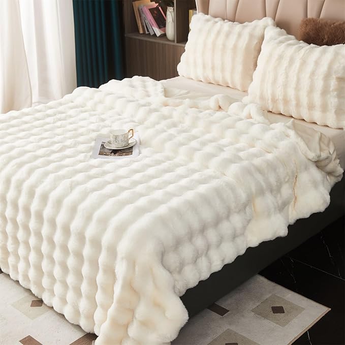 Fluffy Blanket White - Soft Throw Blanket for Couch, Fuzzy Plush Rabbit Faux Fur Blanket, Cute Cozy Blankets for Women, Thick Bubble Blankets for Bed Sofa Bedroom Living Room - 71" x 90"