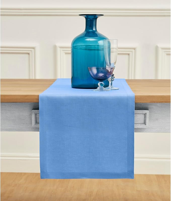 Solino Home Linen Table Runner 60 Inches - 100% Pure Linen Provence Blue Table Runner 14 x 60 Inch Ideal for Dresser and Coffee Tables - Fete - Winter, Spring, Easter