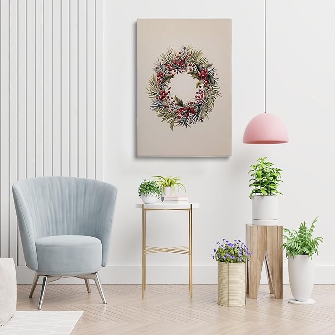 Festive Holiday Decor: Vintage Christmas Wreath Drawing, Rustic Christmas Wall Art, 12x16inch Framed Art for Fireplace, Farmhouse Home Decor