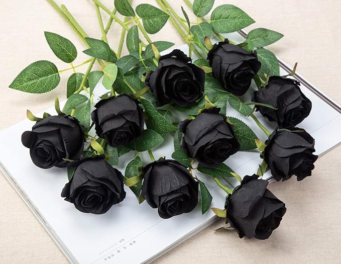 Flojery 10pcs Artificial Rose Flowers Long Stem Fake Silk Roses for DIY Wedding Bouquet Table Centerpiece Home Decor (Black)