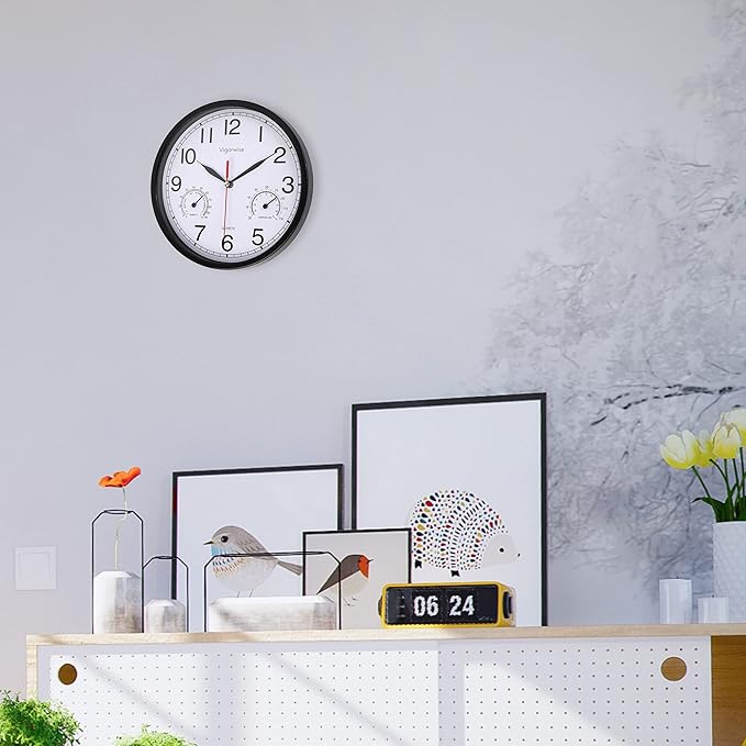Wall Clock, Sweep Silent Movement Accurate Clocks with Temperature & Humidity, Decorative for Kitchen/Living Room/Bedroom/Office/School/Classroom (Black, 8 inch)