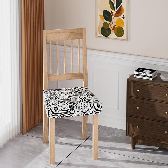 Stretch Dining Chair Seat Covers Set of 6,Dining Chair Slipcovers, Floral Printed Chair Covers,Soft Fabric Washable Upholstered Chair Seat Protector, No Rear Covers for Home Kitchen Dining Room
