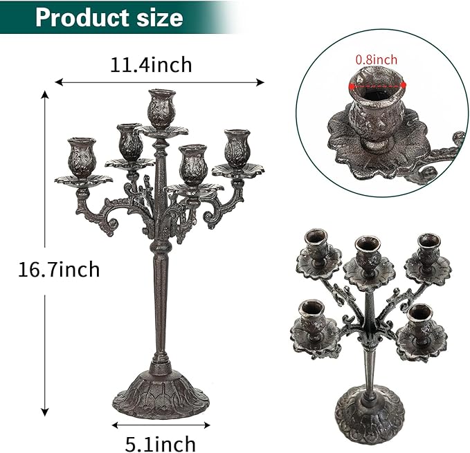 Sungmor Heavy Duty Cast Iron Candlestick Holders - Handcrafted Vintage Candelabra - 17Inch Tall & 5 Arms Candle Holders - Decorative Pillar Candle Stand for Christmas Birthday Wedding Home Party