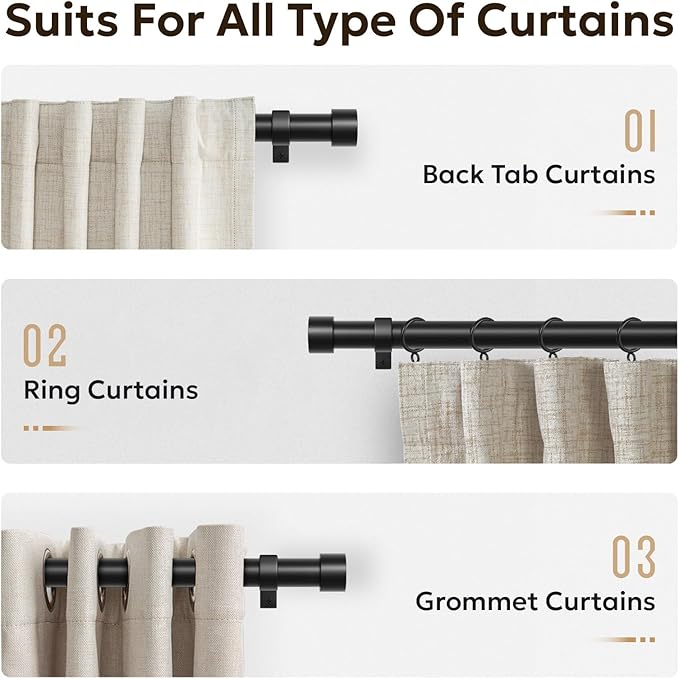 Zeerobee Curtain Rods for Windows 32 to 72, Black Curtain Rod, Adjustable 1 Inch Heavy Duty Outdoor/Indoor Modern Drapery Pole, 32"-72"